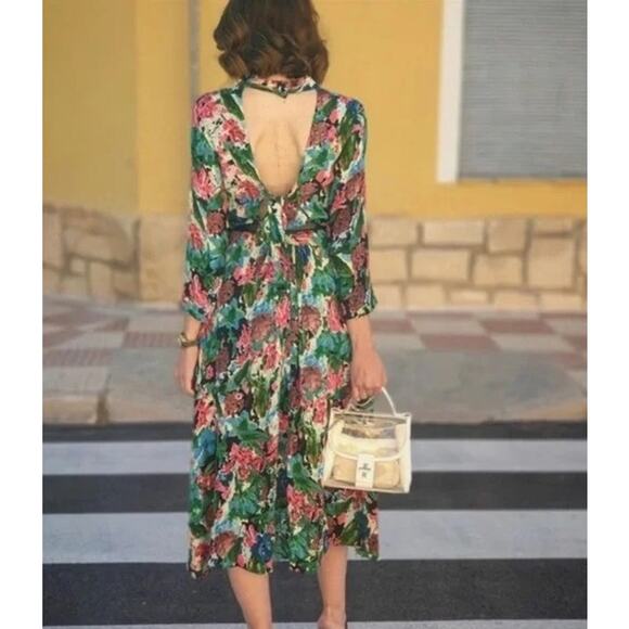 ZARA Watercolor Floral Print Open Back Long Sleeve Midi Dress    Size: L - Picture 2 of 6